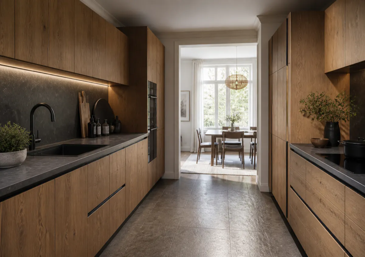 Cuisine rénovée avec des façades en bois
