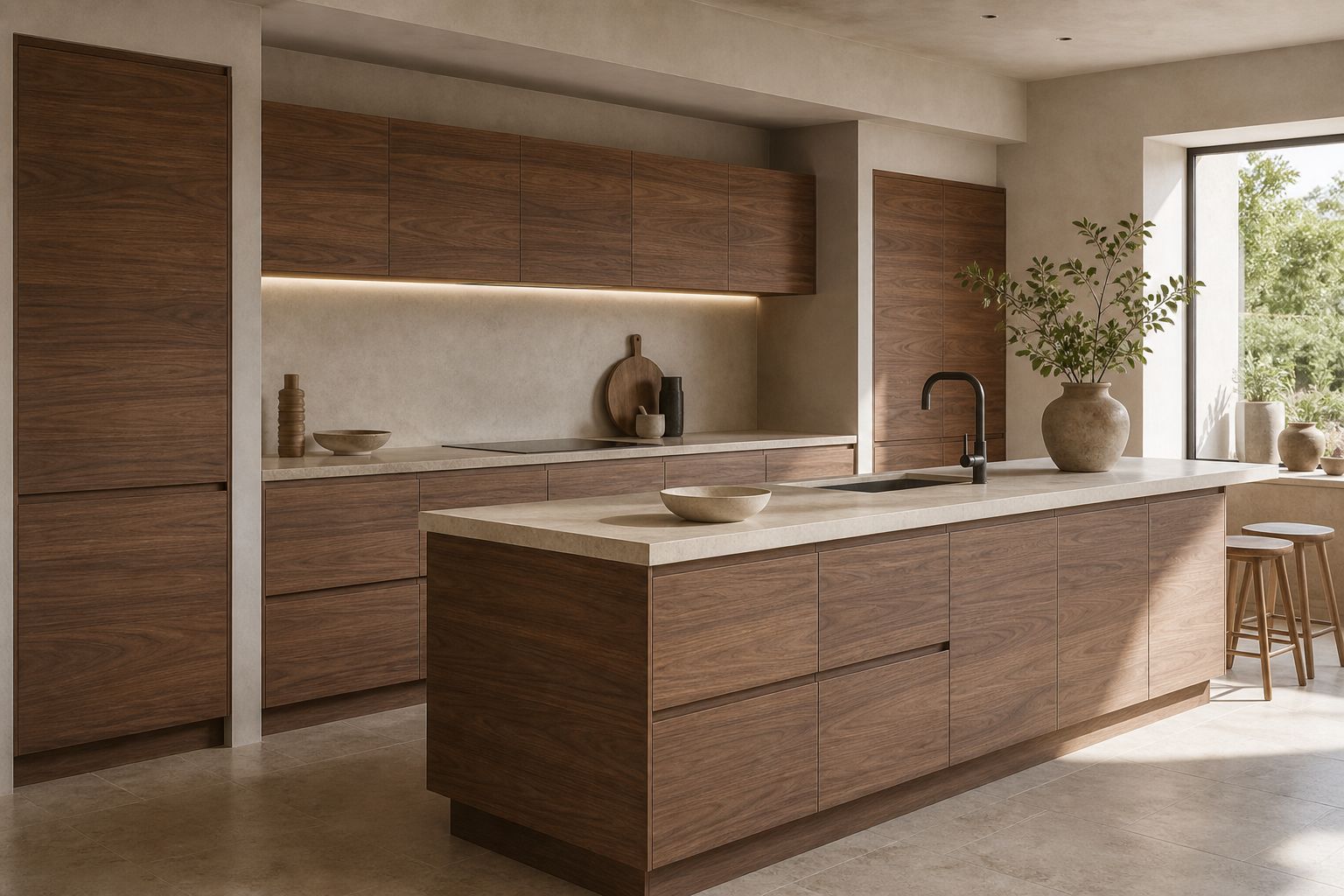 Cuisine contemporaine avec façades effet bois foncé