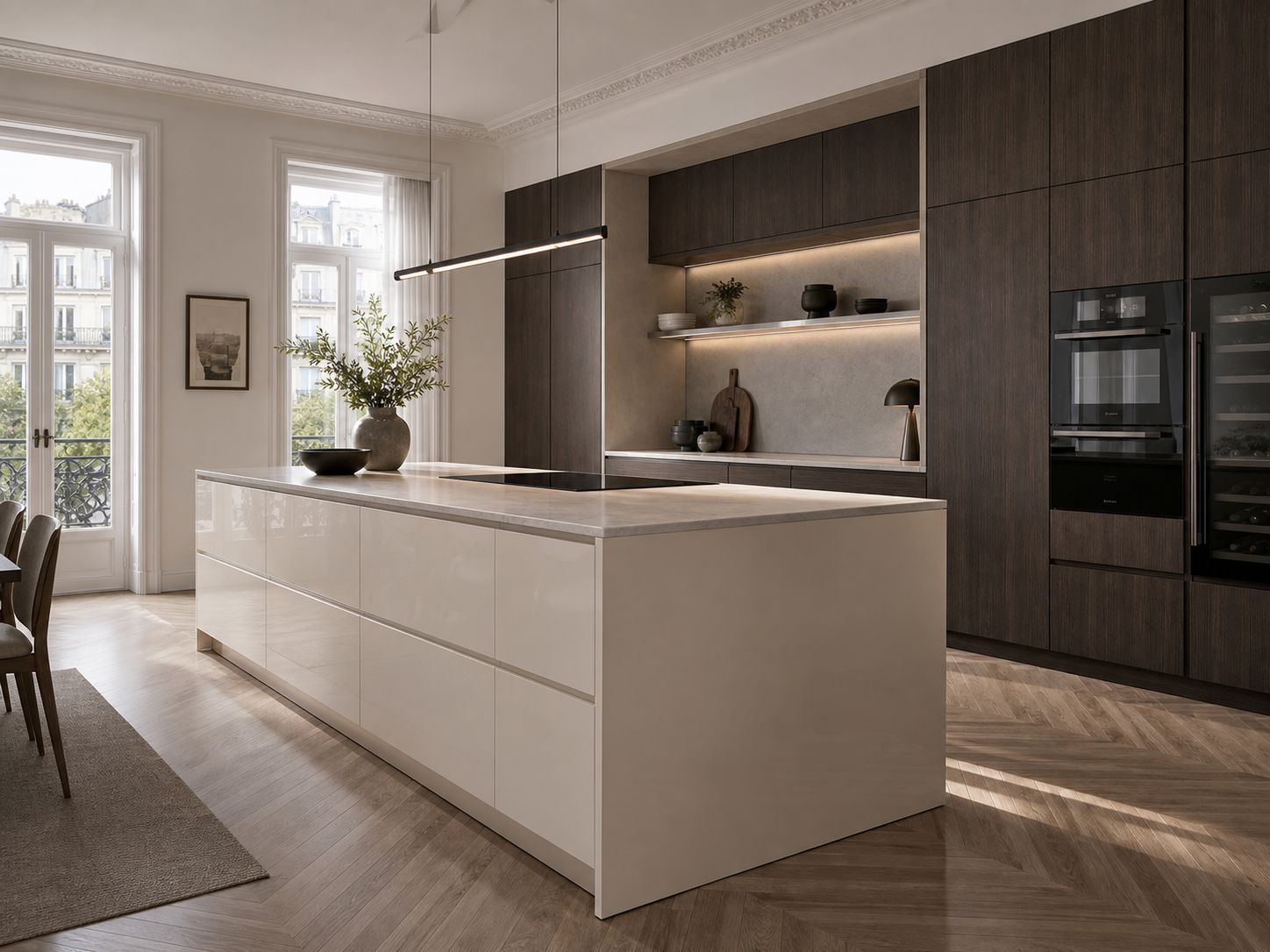 Cuisine contemporaine avec façades sans poignées apparentes