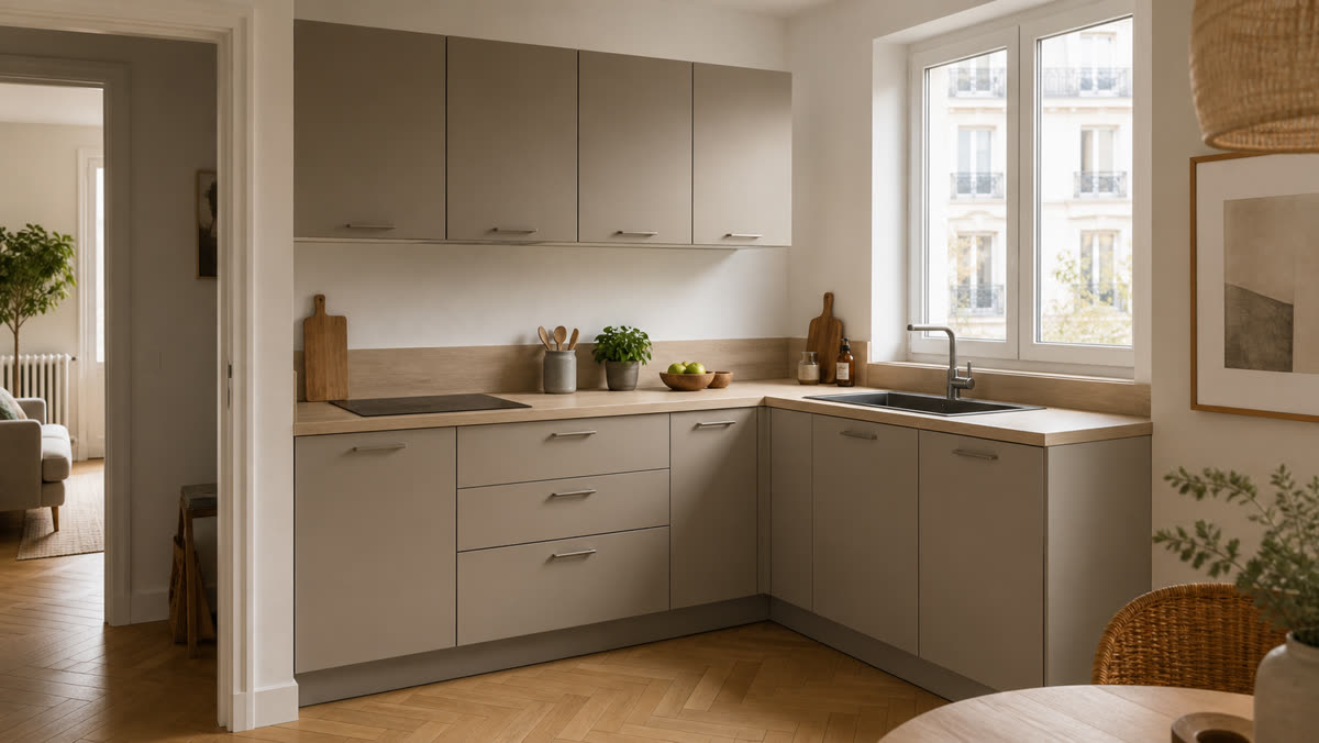 Cuisine contemporaine aux façades mates avec poignées métal intégrées