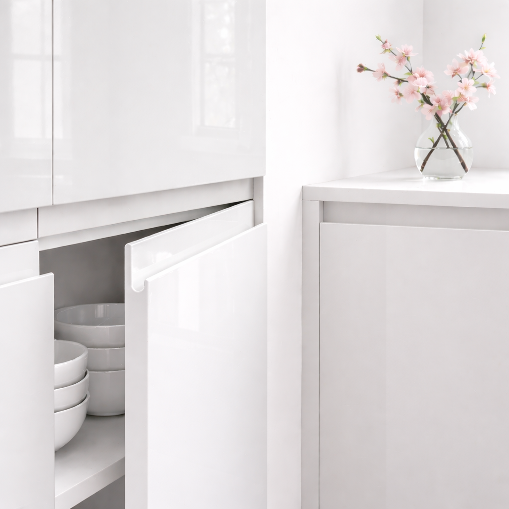 Façade de cuisine Blanco en finition Luxe brillante, à poignée intégrée