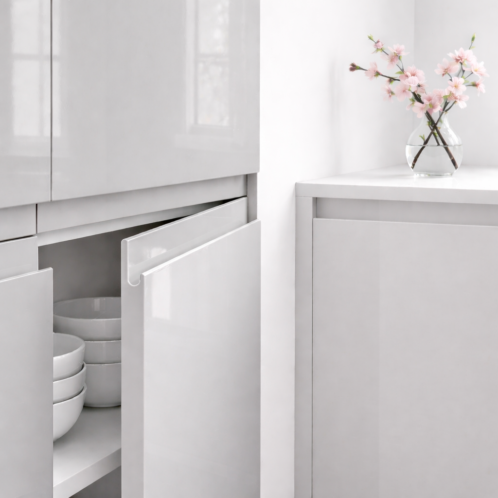 Façades de cuisine gris Nube brillantes Luxe avec poignée intégrée