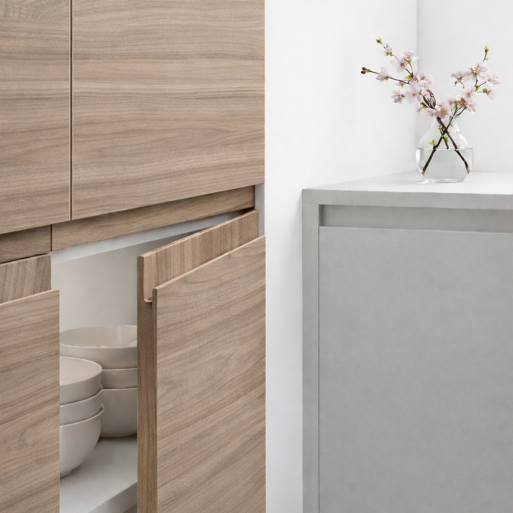 Façade de cuisine Noce en Syncron, décor bois avec poignée intégrée
