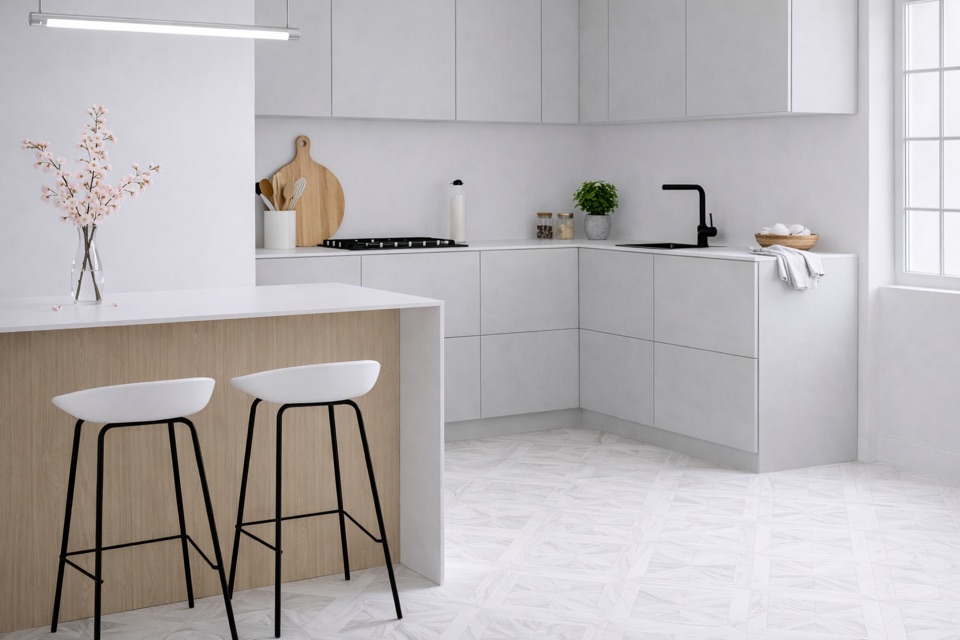 Cuisine contemporaine avec façades claires et détail bois